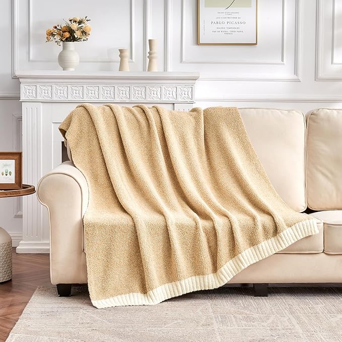 CozeCube Melange Blanket, Ultra Soft Khaki Tan and White Throw Blanket, Warm Cozy Knit Fuzzy Plush Reversible Throw for Couch Bed Sofa, 50"x60"