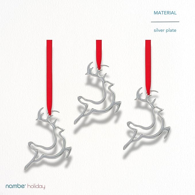 Nambe Mini Reindeer Christmas Ornaments (Set of 3), Silver-Plated Deer in Mid-Leap with Red Hanging Ribbons, Elegant Holiday Decorations for Christmas Trees, and Keepsakes