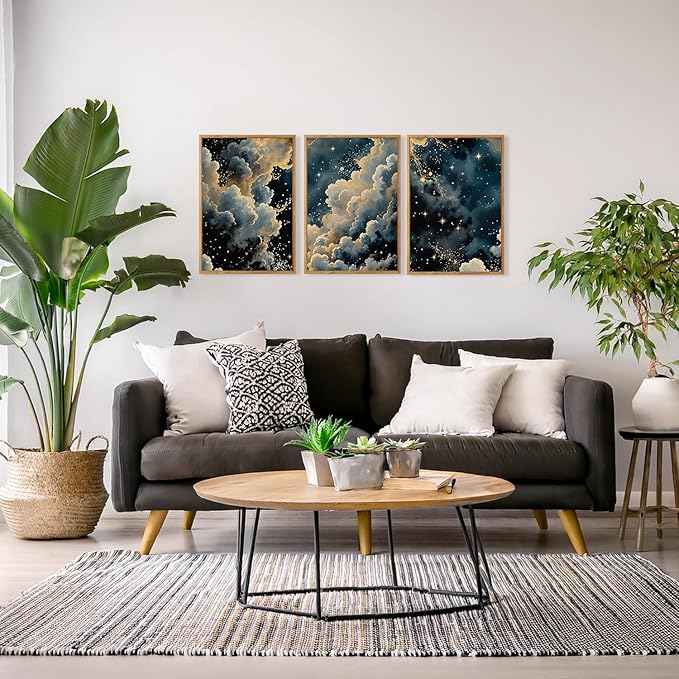 HPINUB Misty Starry Sky Framed Canvas Wall Art Set, Rustic Nature White Clouds&Stars Wall Decor, Mystical Starry Night Landscape Art Print Dreamy Painting for Living Room, Bedroom, Office - 16 x 24 x3