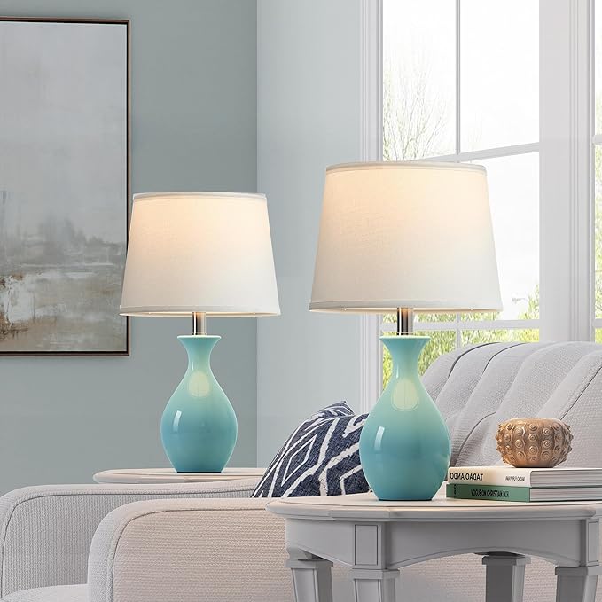 PARTPHONER Table Lamp Set of 2, Modern Ceramic Bedside Lamps for Night Stands, Classic Small Lamp Nightstand Lamp for Bedroom Living Room Desk End Table Rocker Swtich Sky Blue
