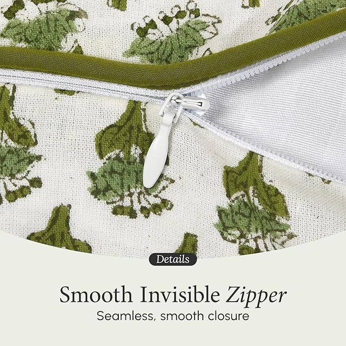 CPC 100% Cotton Throw Pillow Covers 18x18 Inch, Set of 2 Green Block Print Pattern Couch Pillow, Cute Boho Decorative Pillows for Living Room, Bedroom with Hidden Zipper- Emerald Green