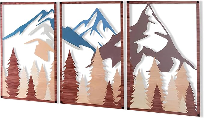 OUR NEST Metal Wall Art Set of 3 – Abstract Mountain Landscape Panels, 3D Rustic Nature Wall Decor for Living Room, Bedroom, Bathroom – Minimalist Metal Wall Sculpture, Modern Home Décor Gift (16" x 11")