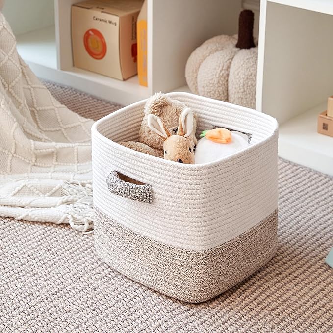 Storage Cube Baskets 3-Pack - 11 inch Square Baskets, Closet & Shelves Organizers - Woven & Drawer Storage - Ideal for Toys | White & Beige