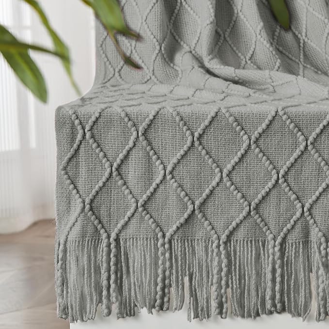 inhand Knitted Throw Blankets for Couch and Bed, Soft Cozy Knit Blanket with Tassel, Light Grey Lightweight Decorative Blankets and Throws, Farmhouse Warm Woven Blanket for Men and Women, 60"x80"
