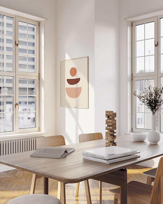 HAUS AND HUES Boho Wall Art Minimalist Wall Decor - Boho Art Prints Neutral Wall Art Geometric Art Mid Century Modern Sun Semi Circle Art (Beige Frame, 24x36)