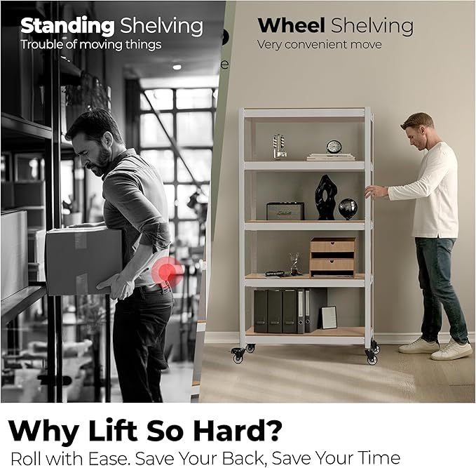 HOMEDANT House White 5-Tier Metal Boltless Rolling Cart Shelf Rack Casters Heavy Duty Wheel Shelving Unit Adjustable Storage Shelves Organizer Shelf Kitchen Garage 48.1" W x 18.5" D x 75.4" H 4Pack