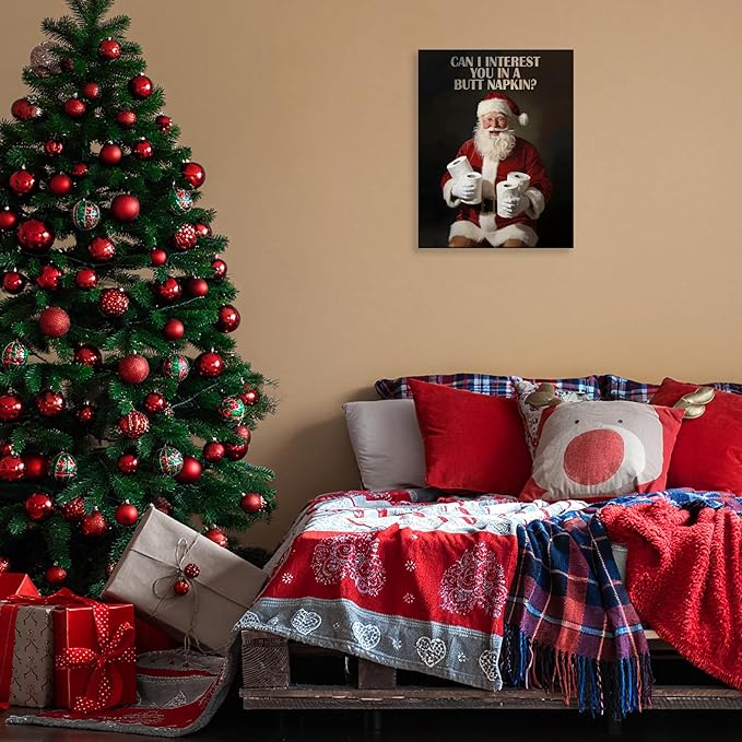 FITIE Black Santa Bathroom Christmas Canvas Wall Art Poster, Funny Humorous Holiday Winter Christmas Framed Artwork Prints Wall Decor for Bathroom Washroom Restroom Toilet, 11x14 Inch