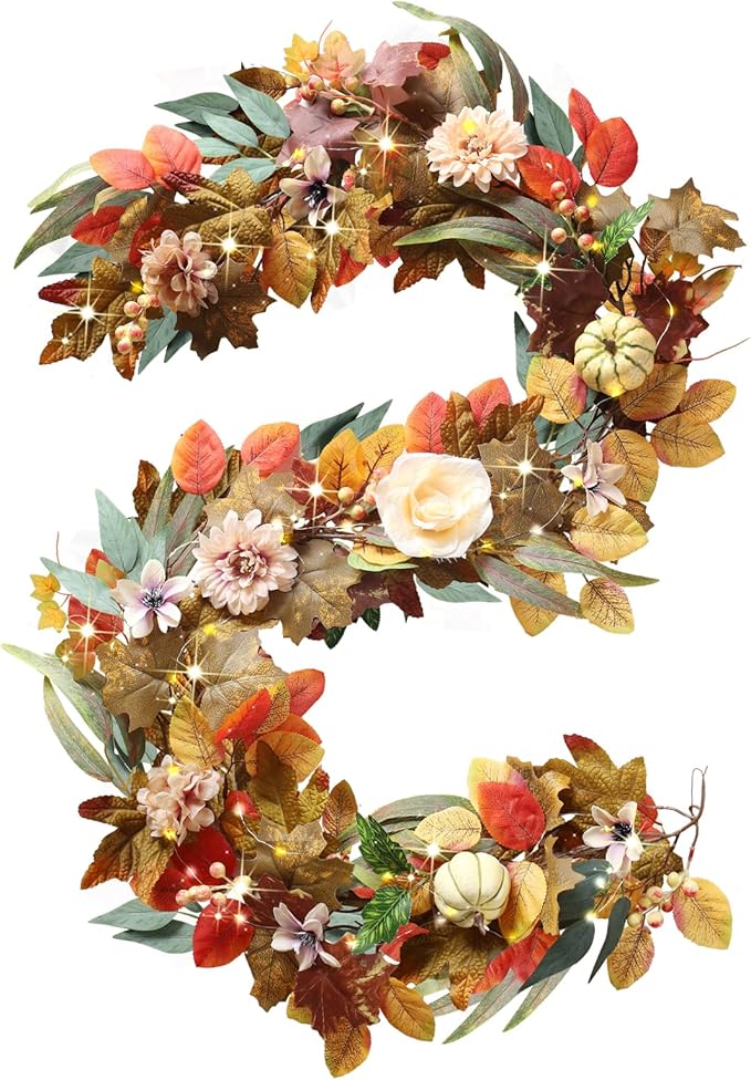 Fall Garland with Lights, 6 FT Fall Leaves Vine Garland with Pumpkins Sunflower Dahlia Flower Autumn Artificial Maple Leaf Decorations for Mantle Outdoor Indoor Thanksgiving Halloween Window Decor
