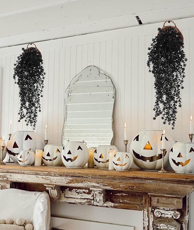 SJL Black Artificial Hanging Flower Faux Hanging Plants UV Resistant Indoor Plastic Leavse Flower Hang Ferns Artificial Plants Eucalyptus Faux Ivy Flowers Decor for Autumn Outdoor Room (Black)