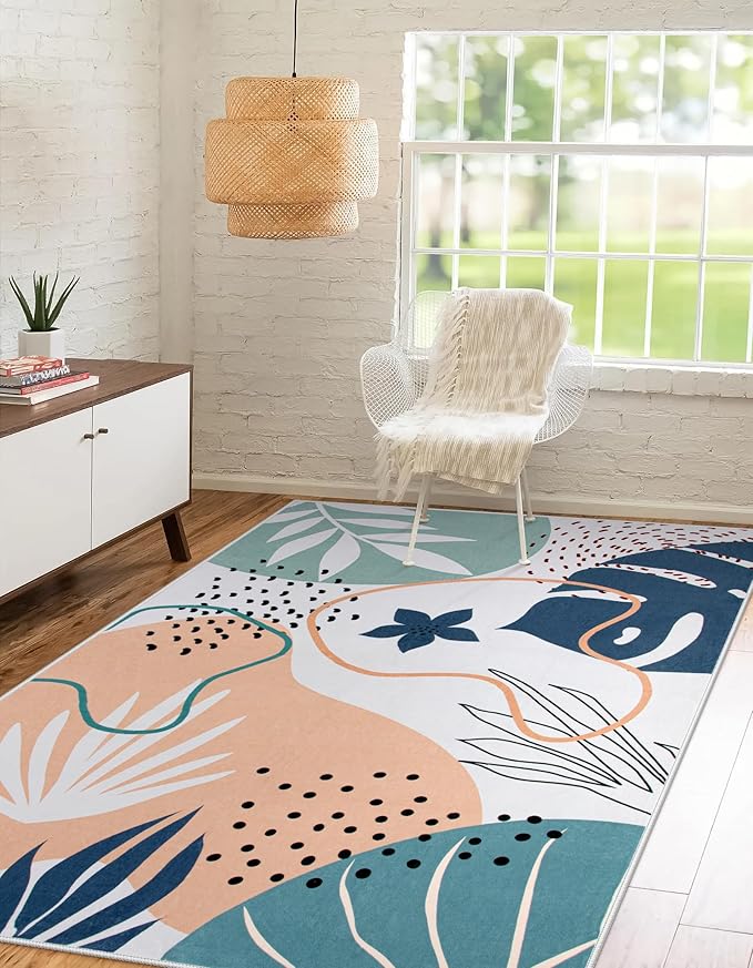 Lahome 4x6 Area Rugs for Bedroom - Washable Non-Slip Rugs for Entryway Stain Resistant Ultra-Thin Soft Floor Rug for Office, Boho Botanical Print Non-Shedding Indoor Rugs for Living Room Kitchen