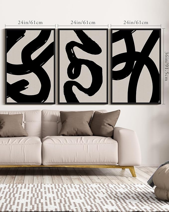 KUVIOKE Black Abstract Framed Wall Art Ink Wash Minimalist Lines Painting Artwork for Bedroom Living Room Hallway Decor Ready to Hang 24x36in (Black Framed)