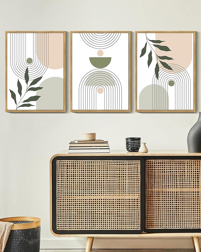 KUVIOKE Boho Green Sage Neutral Wall Art Framed Bohemain Botanical Geometric Modern Wall Decor Ready to Hang 12x16in (Natural Framed)