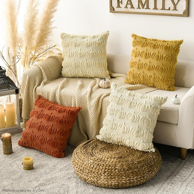 AVOIN colorlife Fall Pumpkin Beige Caramel Ginger Throw Pillow Covers, 18 x 18 Inch Seasonal Autumn Thanksgiving Harvest Soft Plush Faux Fur Jacquard Cushion Case Decoration for Sofa Set of 4
