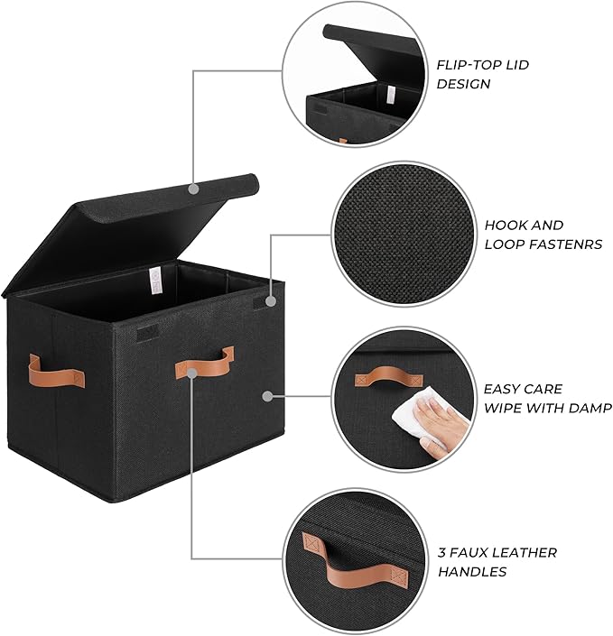 GRANNY SAYS Black Storage Bins with Lids, Decorative Storage Boxes with PU Handles, Linen Closet Organizer, Storage Baskets for Shelves, Fabric Storage Bins for Clothes, Extra Large