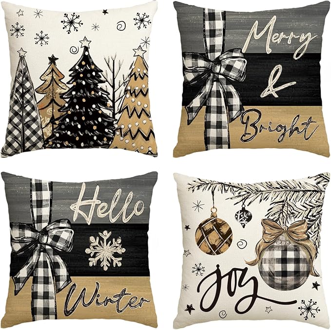 AVOIN colorlife Merry Christmas Joy Xmas Trees Brown Throw Pillow Covers, 18 x 18 Inch Christmas Winter Holiday Cushion Case Decoration for Sofa Couch Set of 4