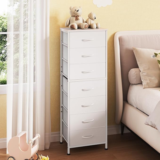 WLIVE White Tall Dresser for Bedroom, 7 Drawer Dressers & Chests of Drawers, Fabric Dresser for Closet, Living Room, Night Stand with Metal Frame, Storage Tower with Fabric Bins, Wood Top