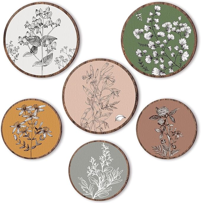 Barydat 6 Pieces Boho Plant Wall Art Decor Wooden Boho Farmhouse Rustic Bohemian Wall Hanging for Bedroom Living Room Office (Retro,8 Inch, 10 Inch)
