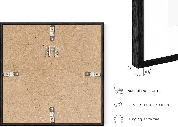 HAUS AND HUES Picture Frame, Solid Oak 8x8 with Mat, Black, 8 x 8 inches, Square, Poster Frame, Modern Design, 1 Count