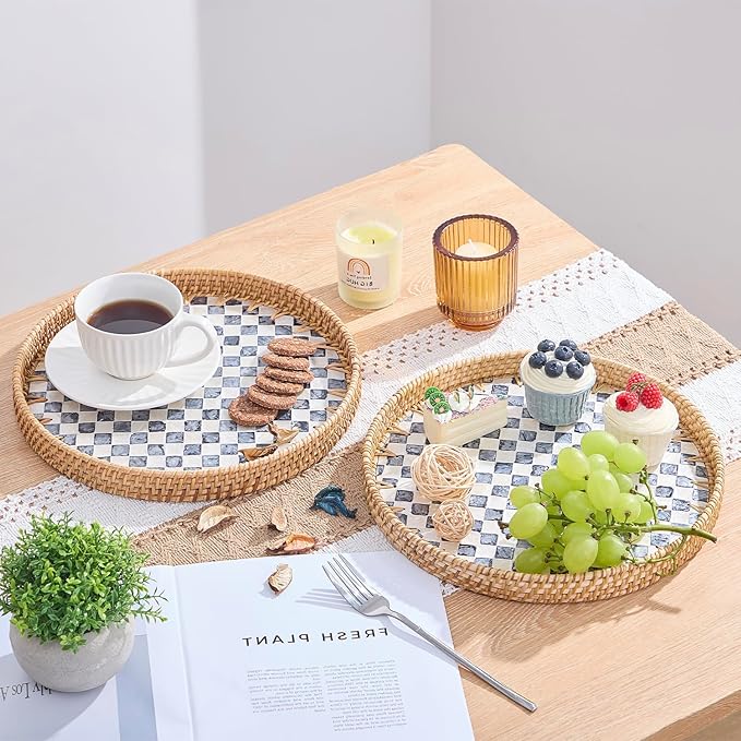 Round Rattan Tray with Mother of Pearl Inlay, Rattan Serving Tray with Wooden Base, Decorative Wicker Basket for Table Decor, Storage and Display of Coffee Bread Food Fruit (Checkerboard 11.8")