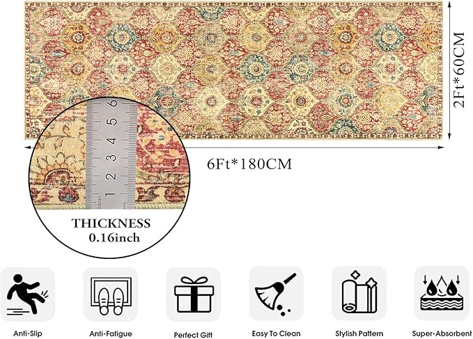 Lahome Moroccan Trellis Washable Runner Rug, 2x6 Kitchen Runners for Hallways 6 Feet Non Slip, Vintage Laundry Room Rug Ultra-Thin Long Carpet for Bathroom Bedroom Entryway, Red/Orange