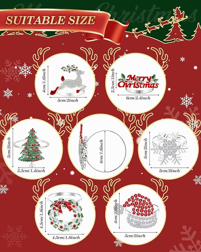 KPOSIYA Christmas Napkin Rings Set of 12, Silver Napkin Rings Holder Serviette Buckles for Holiday Dinning Table Setting-Wedding Receptions, Thanksgiving and Party Dinner Parties