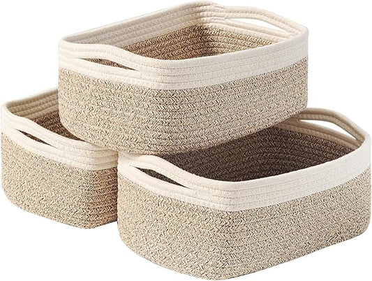 Small Baskets for Organizing, Decorative Storage Baskets for Shelves, Storage Bins, Woven Baskets for Storage, Mini Basket for Nursery, 13"×8.5"×5.1" (3 Packs) Off White & Brown