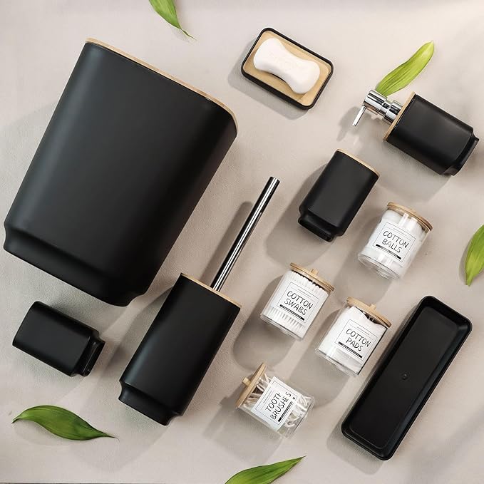 Bathroom Accessories Set,Black Bathroom Set,24 Pieces Bathroom Accessory Set with Shower Curtain,Trash Can for Bathroom Accessories Décor and Home Gifts