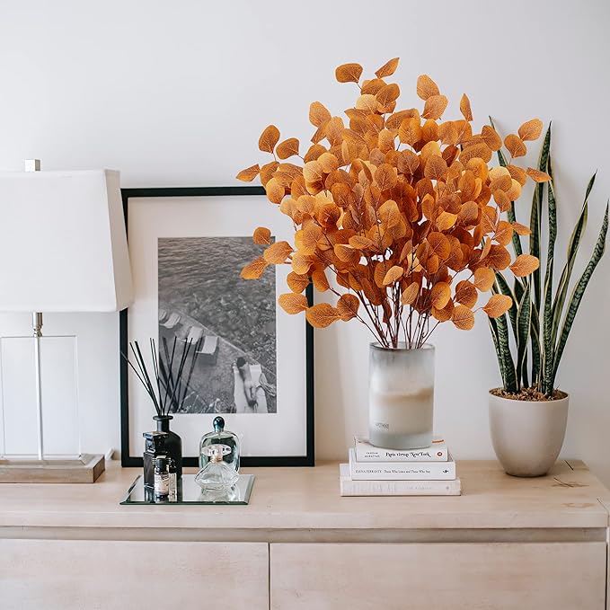 Sggvecsy 6 Pcs Fall Eucalyptus Leaves Artificial Eucalyptus Stems Long Silver Dollar Leaves Autumn Leaf Branches Fake Silk Eucalyptus for Christmas Home Autumn Festival Thanksgiving Decor(Orange)