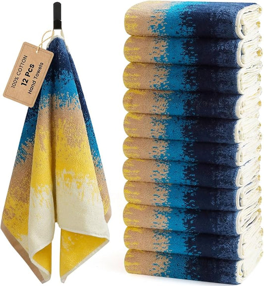 SEMAXE Hand Towels for Bathroom, 100% Cotton Towels with Hanging Loops, Soft & Highly Absorbent, 12 Pack Hand Towel Set for Gym, Shower, Hotel, Spa and Kitchen, Colorful Towel - Beach Collectio
