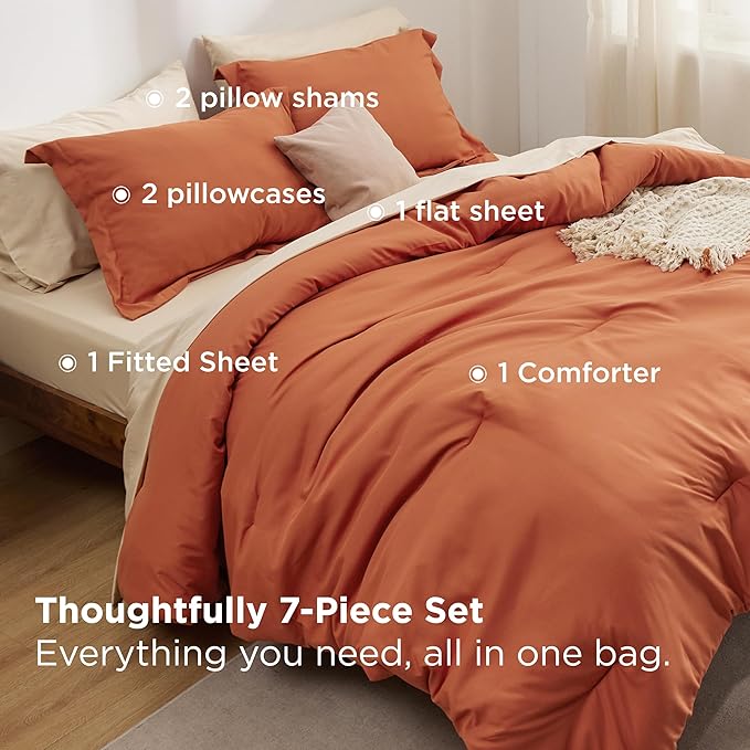 Bedsure King Size Comforter Set - 7 Pieces Burnt Orange King Bedding Set for All Seasons, Boho Contrasting Design Bed in a Bag with Comforter, Sheets, Pillowcases & Shams