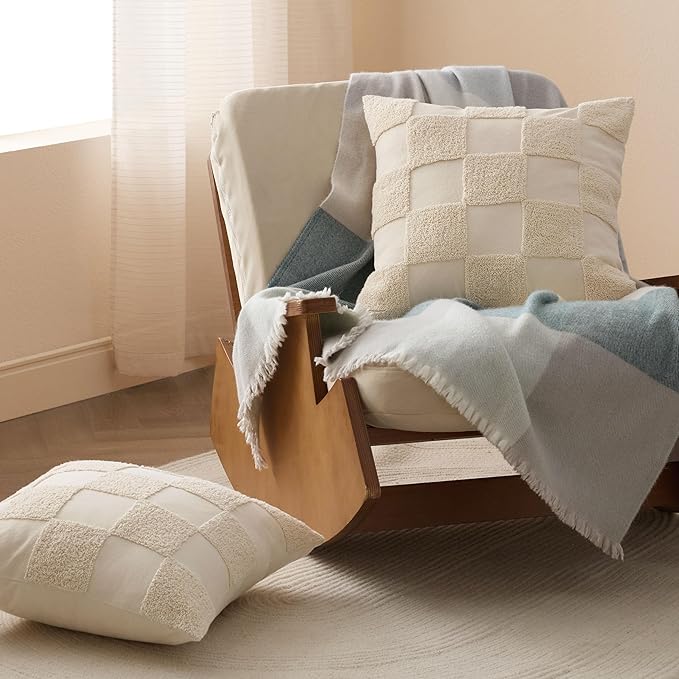 Double Stitch Checkered Throw Pillow Covers - 100% Cotton Set of 2 Tufted Boho Decorative Pillow Covers 20x20, Made in India, Square Cushion Case, Modern Home Decor for Couch, Sofa, Living Room, Beige