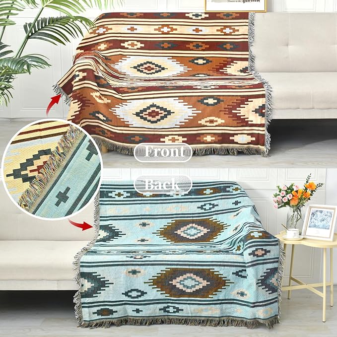 Boho Throw Blanket Reversible Cotton Bohemian Tapestry Hippie Room Decor Outdoor Blanket Double Sided (Boho Pattern, 50"x60")