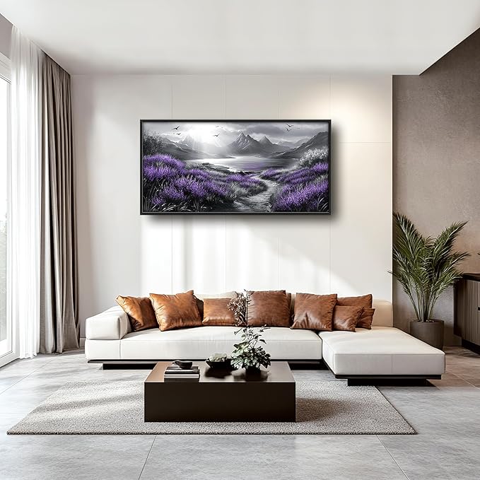 Olivine Large Wall Art, Landscape Pictures Wall Decor, Black And White Mountain Painting, Purple Nature Scenery Canvas Prints, Framed Artwork for Living Room Bedroom Bathroom Office Home 60"x30"