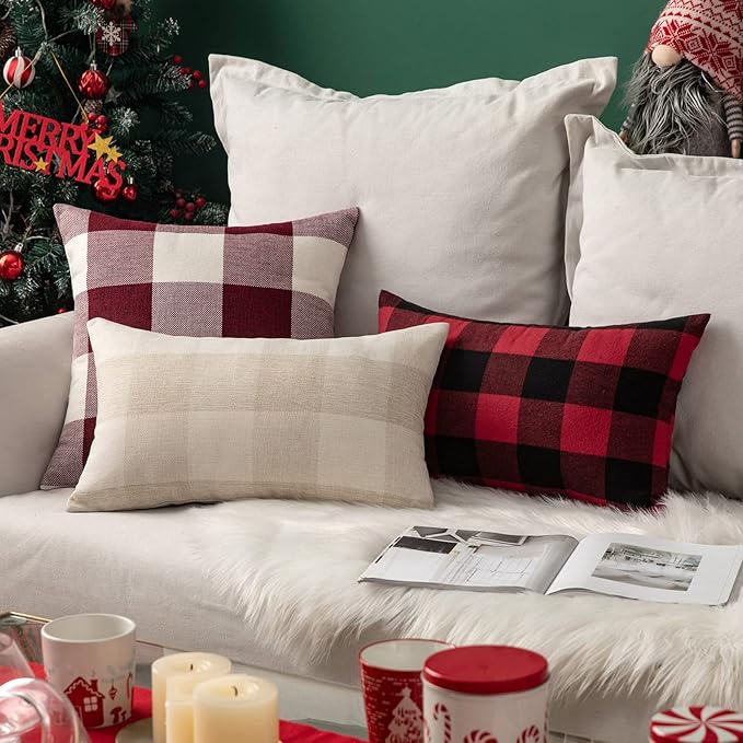 MIULEE Pack of 2 Farmhouse Buffalo Check Plaids Polyester Linen Soft Solid Cream White Decorative Throw Pillow Covers Home Decor Outdoor Cushion Case for Sofa Bedroom 12 x 20 Inch 30 x 50 cm