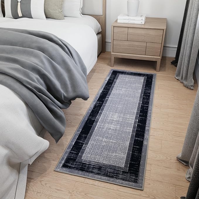Ottomanson Hallway Runner Rug 20" x 59" Non Slip Border Area Rugs Easy to Clean Laundry Rug Runner Durable & Pet Friendly Floor Carpet Runners for Hallways Entryway Living Room Kitchen, Gray/Navy