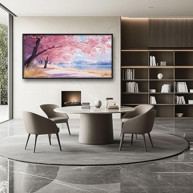 Cherry Blossoms Large Framed Wall Art Pink Tree of Life Pictures Oversized Natural Lake Landscape Wall Decor Spring Canvas Print Painting Modern Artwork for Living Room Bedroom Office Dining Room Home Decor 60L"x30W"