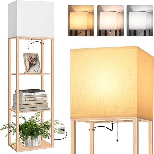 Dott Arts Floor Lamp with Shelves, Wide Floor Lamps for Living Room Display Shelf Lamps with 3 Color LED Bulb,Storage Wood Modern Floor Lamp for Bedroom Standing Lamp for Living Room Office（Burlywood）