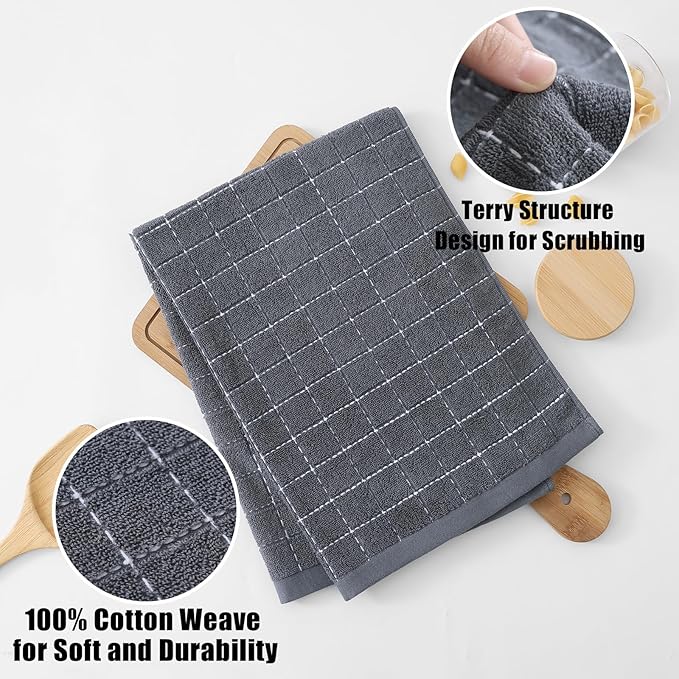 Homaxy 100% Cotton Terry Kitchen Towels(Dark Grey, 20 x 28 inches), Checkered Designed, Soft and Super Absorbent Dish Towels, Large 4 Pack