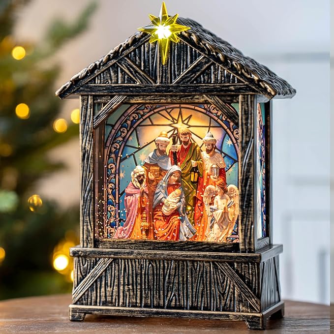 Christmas Snow Globe Lantern Water Glittering Nativity Manger with Star, USB Lined/Battery Operated Lighted Lantern for Christmas Festival Decoration Gifts