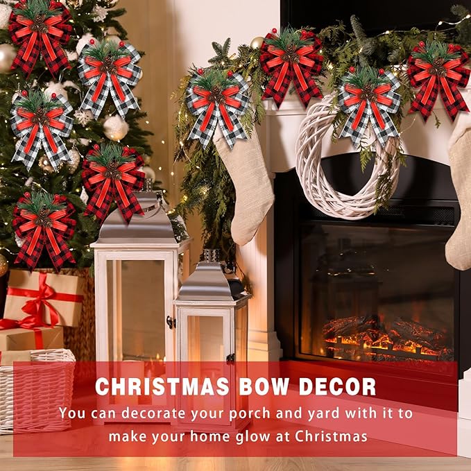 Syhood 6 Pcs Christmas Bows with Pine Cones Pine Needles Xmas Buffalo Plaid Bows Black White Plaid Ribbon Christmas Tree Wreath Decoration for Xmas Parties Indoor Outdoor Crafts DIY Decor