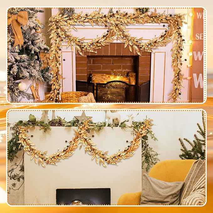 Dingion 6 ft Gold Christmas Leaf Garland with Berry and Pine Cone for Christmas Tree Mantle Gold Bay Leaf Garland Artificial Bayleaf Berry Garland Christmas Gold Leaves Garland for Xmas Holiday Decor