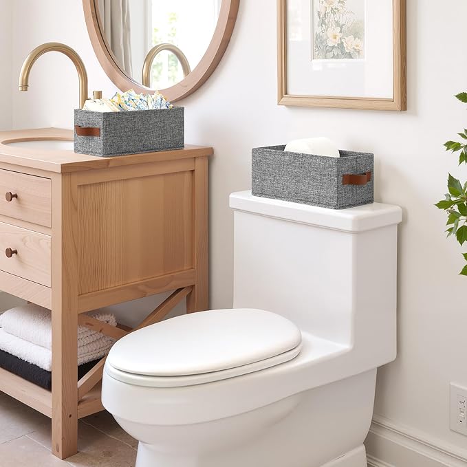 GRANNY SAYS Small Fabric Storage Bins with PU Handles, Storage Baskets for Shelves, Toilet Paper Storage, Narrow Baskets for Organizing DVD, Photos, Clothes, Diaper, Sock, Cd, 6-Pack, Gray