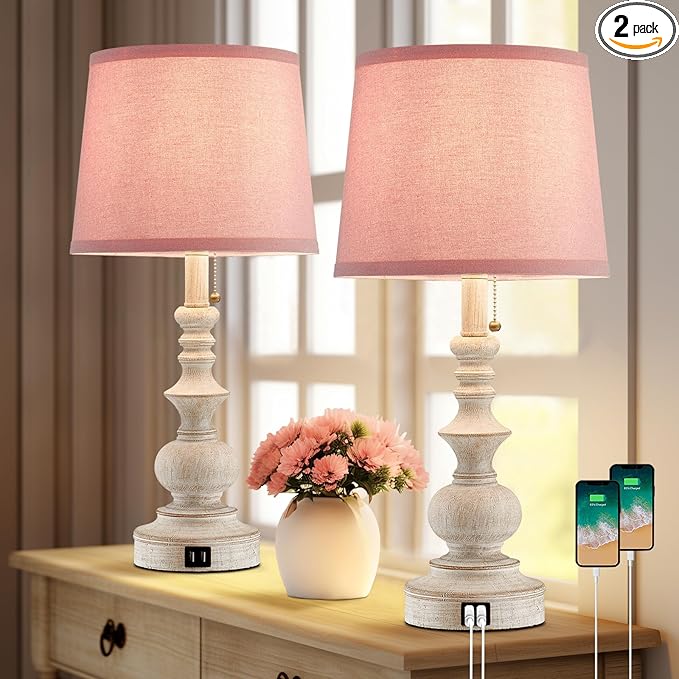 22'' Bedside Table Lamps Set of 2 Modern Farmhouse Nightstand Lamps for Bedroom with USB Charging Ports Vintage Boho Table Lamps for Girls Kids Living Room,Pink Shade,Bulbs Not Included