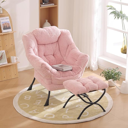 Lazy Chair with Ottoman, Modern Chair with Folding Footrest, Lounge Accent Chair, Comfortable Reading Chair, Oversized Armchairs for Bedroom, Study, Living Room(Plush Pink)