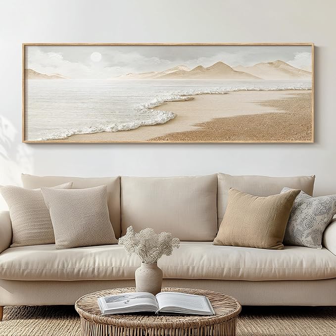Framed Boho Coastal Beach Wall Art for Living Room, Large Neutral Ocean Canvas Artworks for Walls, Long Horizontal Abstract Minimalist Coastal Art Print for Bedroom Kitchen Office Wall Decor, 16x48 In