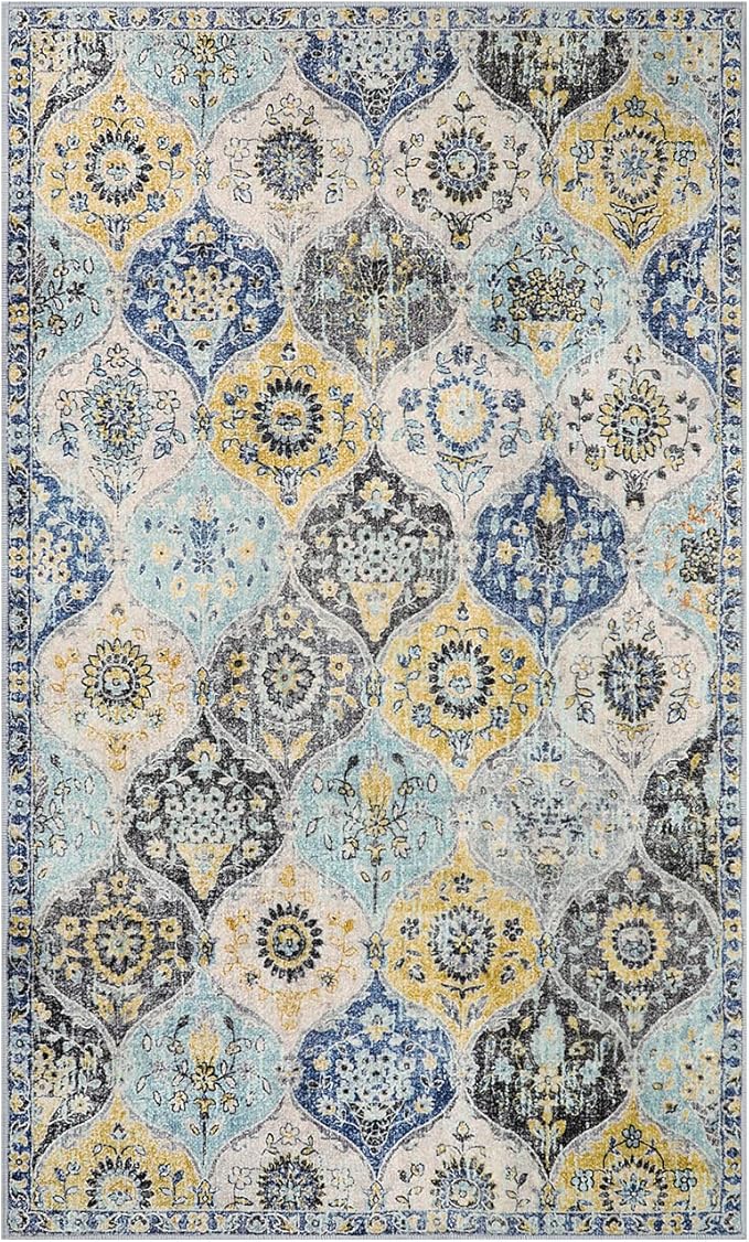 Lahome Moroccan Trellis Washable Small Area Rug, 3x5 Area Rug for Bedroom Living Room, Non-Slip Oriental Accent Throw Carpet for Kitchen Office Entryway Bathroom Office, Yellow/Aqua