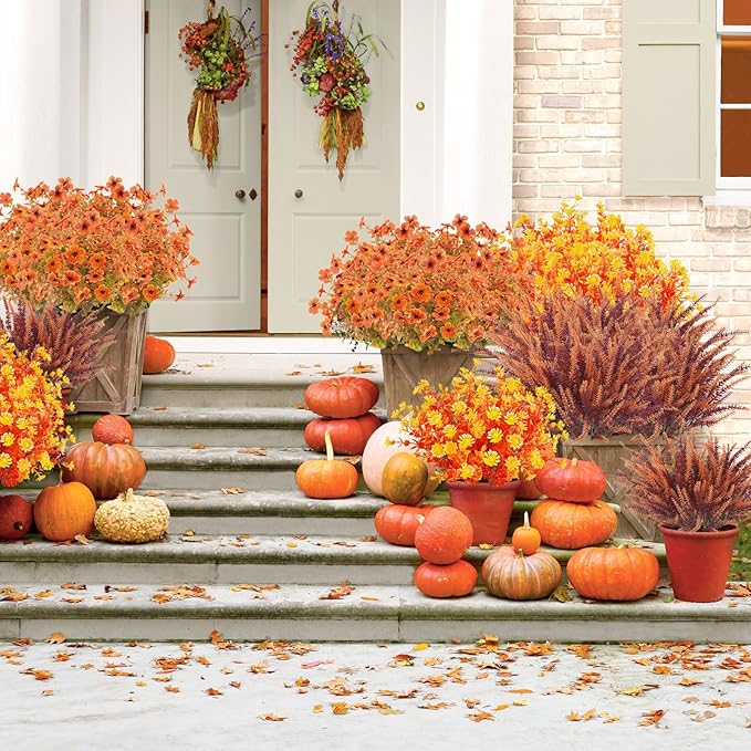 16PCS Artificial Fall Flowers Outdoor Faux Autumn Lavender Plants UV Resistant Fake Greenery Shrubs Fall Decorations for Thanksgiving Harvest Wedding Porch Window Box