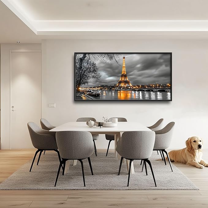 Eiffel Tower Large Framed Wall Art Black and White Pictures Oversized Wall Decor City Landscape Canvas Print Painting Aesthetic Modern Artwork for Living Room Bedroom Office Bathroom Home Decor 60L"x30W"
