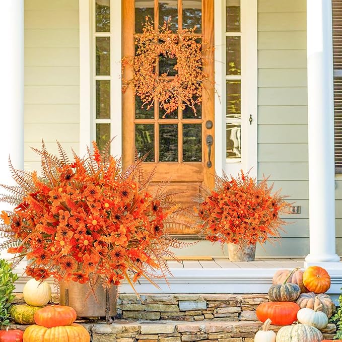 24 Pcs Artificial Fake Fall Flowers UV Resistant Faux Orange Mums Plants Arrangement for Outdoors Home Garden Window Porch Decor