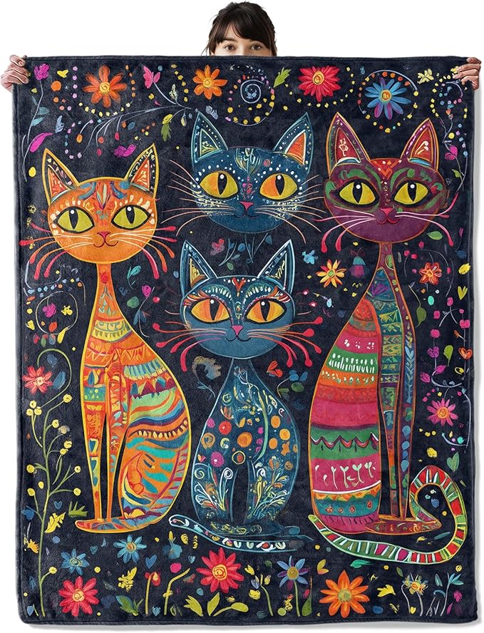Boho Cat Blanket, Cozy Flannel Colorful Patterned Kittens Throw Blanket, Soft Fuzzy Blankets for Travel Home Decor, All Season Lightweight Couch Bed Cover, Gifts for Women Adults Kids 60"×80"